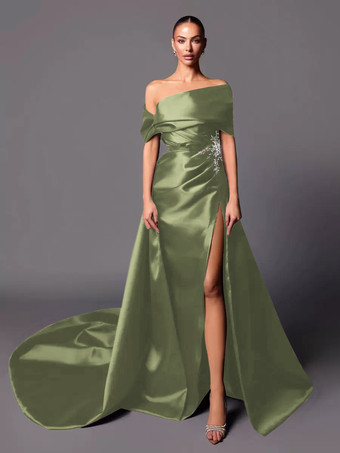 セージグリーンイブニングドレス Aライン オフショルダー トレーン付き ノースリーブ レースアップ プリーツ サテン生地 社交ページェントドレス