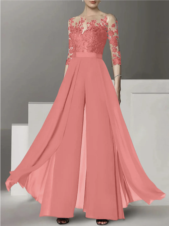 サーモンピンクブライダルマザードレス ジュエルネック ハーフスリーブ ツーピース レース フロアレングス ウェディングゲストドレス