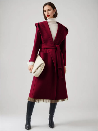 ワインレッド ウール カシミア ブレンド ラップ コート フード付き ダブルフェイス キャメル ベルト付き 冬アウター レディース 2025