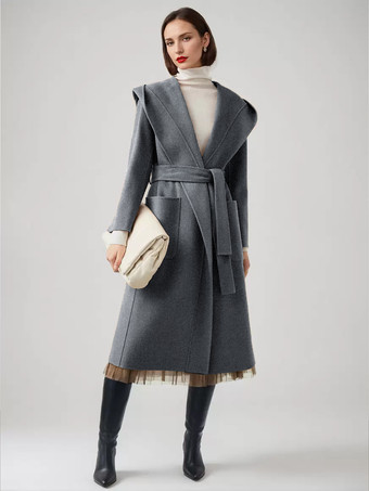 グレイウール カシミア ブレンド ラップ コート フード付き ダブルフェイス キャメル ベルト付き 冬アウター レディース 2025