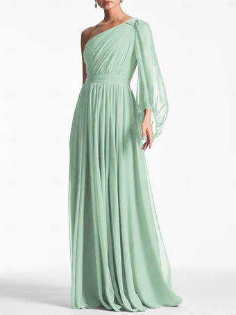 パステルグリーンイブニングドレス Aライン ワンショルダー フロアレングス ロングスリーブ バックレス プリーツ シフォン フォーマル パーティードレス
