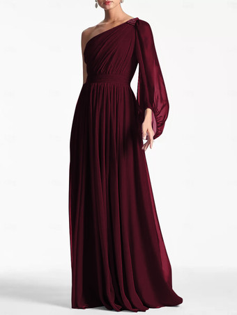 バーガンディーイブニングドレス Aライン ワンショルダー フロアレングス ロングスリーブ バックレス プリーツ シフォン フォーマル パーティードレス