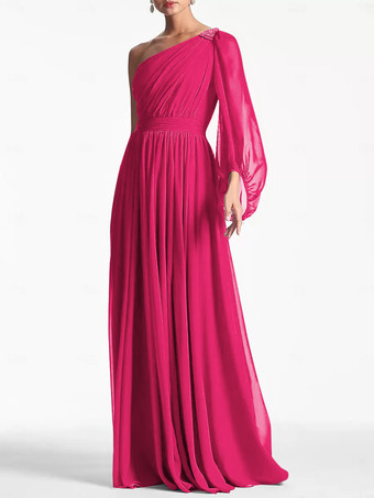 ホットピンクイブニングドレス Aライン ワンショルダー フロアレングス ロングスリーブ バックレス プリーツ シフォン フォーマル パーティードレス