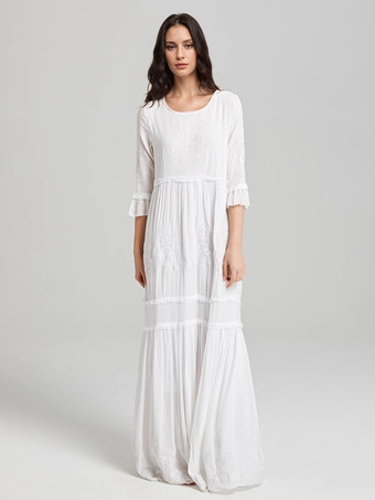 ホワイト ボヘミアン ドレス コットン クルーネック 7分袖 刺繍 フォークロア ドレス