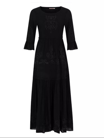 ホワイト ボヘミアン ドレス コットン クルーネック 7分袖 刺繍 フォークロア ドレス