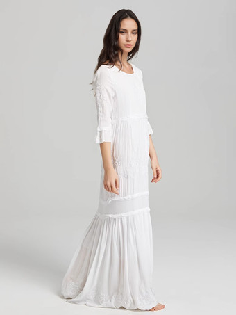 ホワイト ボヘミアン ドレス コットン クルーネック 7分袖 刺繍 フォークロア ドレス