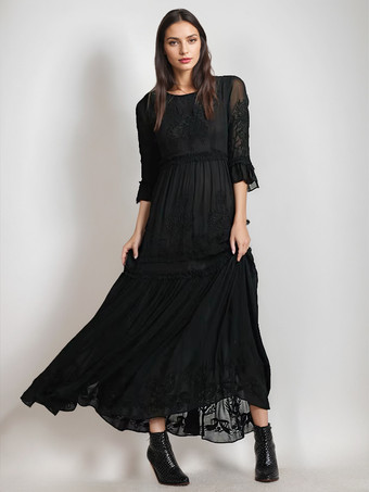 ブラック ホワイト ボヘミアン ドレス コットン クルーネック 7分袖 刺繍 フォークロア ドレス