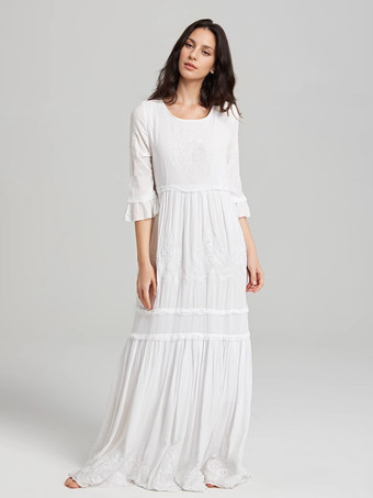 ホワイト ボヘミアン ドレス コットン クルーネック 7分袖 刺繍 フォークロア ドレス