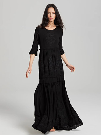 ホワイト ボヘミアン ドレス コットン クルーネック 7分袖 刺繍 フォークロア ドレス