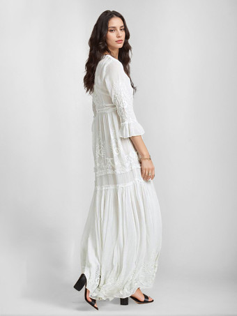 ホワイト ボヘミアン ドレス コットン クルーネック 7分袖 刺繍 フォークロア ドレス