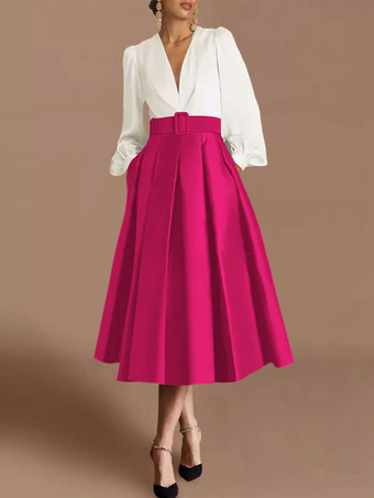 ローズレッドプロムドレス ボールガウン Vネック サテン生地 長袖 サッシュ ページェントドレス