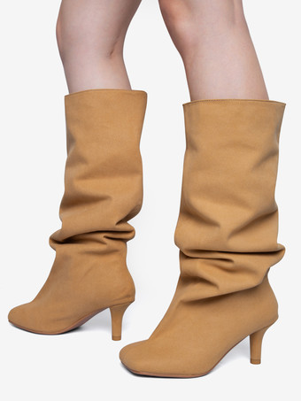スエードニーハイブーツ ワイドカーフ レディース スクエアトゥデザイン ハイヒールブーツ