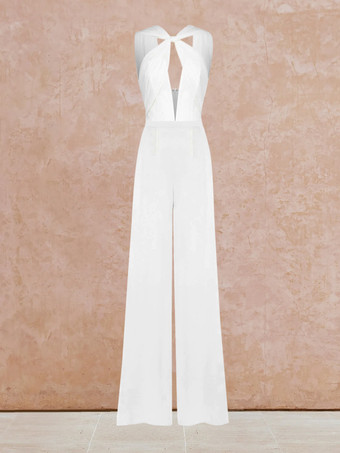ブライダルジャンプスーツ ストレッチクレープ カットアウト フロアレングスジャンプスーツ デザインネックライン ノースリーブ ナチュラルウエスト アイボリー