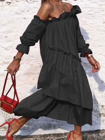 女性マキシドレス長袖レッドバトーネックマキシ非対称床長ドレス