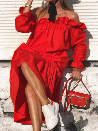 女性マキシドレス長袖レッドバトーネックマキシ非対称床長ドレス