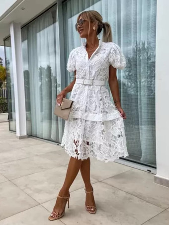 ホワイト シャツドレス レースオーバーレイ ベルト付き パフスリーブ ショート カジュアル サマードレス