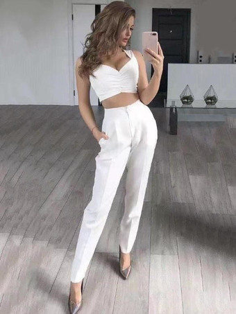 ホワイト ツーピースセットブルーポリエステルVネックボタンクラシック長袖ブレザーストレートパンツ女性スーツ衣装