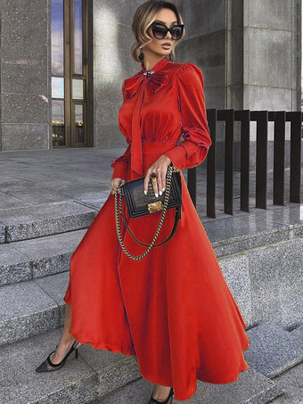 レッド 女性のロングドレスオレンジイエローターンダウンカラー長袖ポリエステルマキシドレス