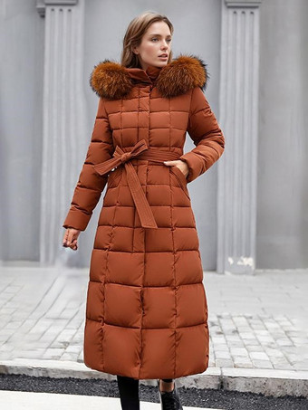 ブラウン レディースコート ベルト付き 取り外し可能 フェイクファーカラー フード付き 冬用コート