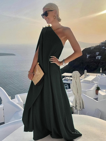 ブラック アシンメトリーネックマキシワンピースノースリーブポリエステルロングワンピース