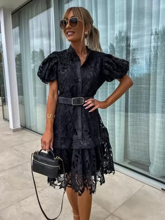 シャツドレス レースオーバーレイ ベルト付き パフスリーブ ショート カジュアル サマードレス