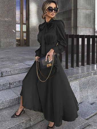 ブラック 女性のロングドレスオレンジイエローターンダウンカラー長袖ポリエステルマキシドレス