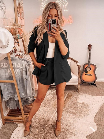 ブラック ツーピース スーツ セージ無地セット クラシック ブレザー ジャケット ベルト ショート パンツ ターンダウン カラー 春 秋 衣装 女性用