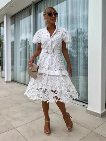 シャツドレス レースオーバーレイ ベルト付き パフスリーブ ショート カジュアル サマードレス