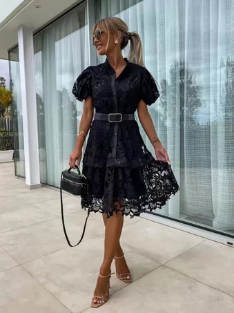 ブラック シャツドレス レースオーバーレイ ベルト付き パフスリーブ ショート カジュアル サマードレス