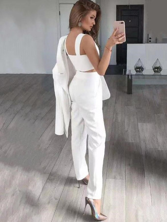 ツーピースセットブルーポリエステルVネックボタンクラシック長袖ブレザーストレートパンツ女性スーツ衣装