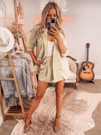 ライト アプリコットツーピース スーツ セージ無地セット クラシック ブレザー ジャケット ベルト ショート パンツ ターンダウン カラー 春 秋 衣装 女性用