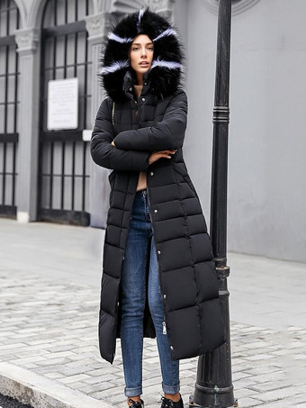 ブラック レディースコート ベルト付き 取り外し可能 フェイクファーカラー フード付き 冬用コート