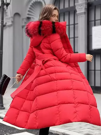 Red belted puffer coat on sale