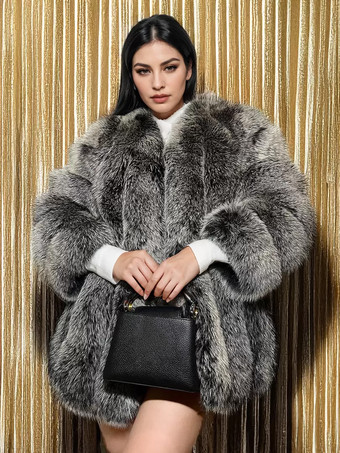 シルバー ふわふわフェイクファーコート クルーネック 冬 エコフレンドリー ファージャケット レディース 2025