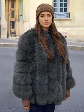 ダークグレー ふわふわフェイクファーコート クルーネック 冬 エコフレンドリー ファージャケット レディース 2025