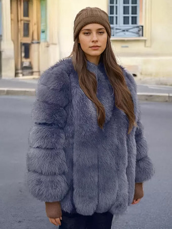 グレイふわふわフェイクファーコート クルーネック 冬 エコフレンドリー ファージャケット レディース 2025