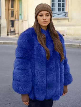ロイヤルブルーふわふわフェイクファーコート クルーネック 冬 エコフレンドリー ファージャケット レディース 2025