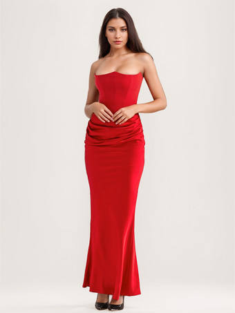 レッド ボディコンドレス グレー ノースリーブ プリーツ シック ストラップレス イレギュラー ボディコンドレス シースドレス