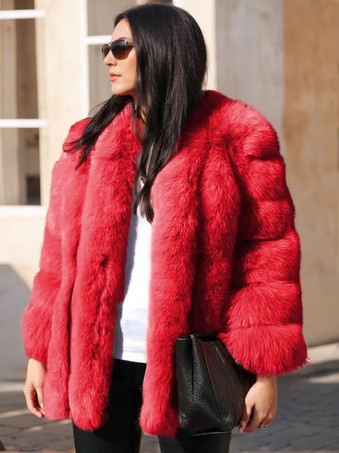 レッド ふわふわフェイクファーコート クルーネック 冬 エコフレンドリー ファージャケット レディース 2025