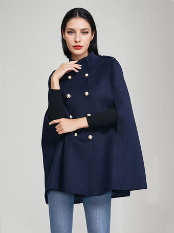 ウールケープコート レディース スタンドカラー ダークネイビー ダブルブレスト 冬用ポンチョ アウター 2025