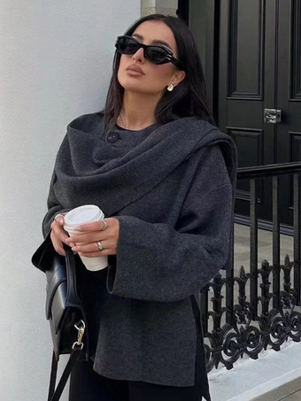 女性のための黒のセーター長袖非対称ネック カーディガン