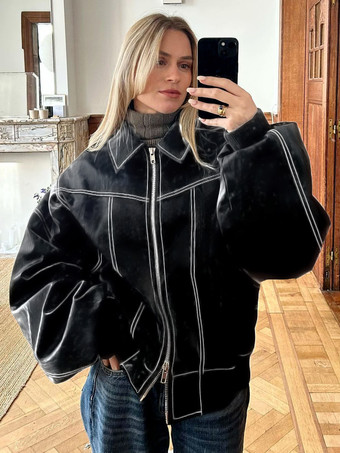 ブラック レッド PU レザージャケット 襟付き 長袖 ジッパー デイリーカジュアルジャケット