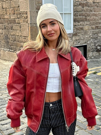 レッド レッド PU レザージャケット 襟付き 長袖 ジッパー デイリーカジュアルジャケット