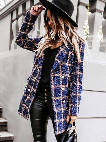 Plaid Coat Padded Shoulder Lapel Double Breast Fall Winter Outerwear