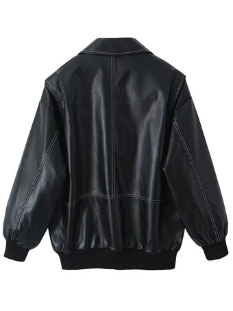 レッド PU レザージャケット 襟付き 長袖 ジッパー デイリーカジュアルジャケット