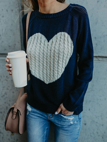 ダークネイビー女性のためのプルオーバーエクリュホワイトカラーブロックジュエルネックロングスリーブアクリルセーター