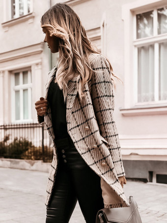 Plaid Coat Padded Shoulder Lapel Double Breast Fall Winter Outerwear