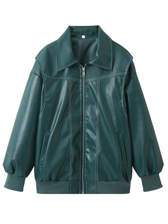 グリーン レッド PU レザージャケット 襟付き 長袖 ジッパー デイリーカジュアルジャケット