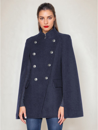 レディース ポンチョ ダークネイビー ダブルブレスト 冬 ウール アウターウェア