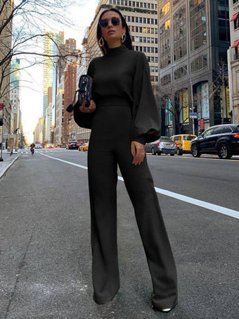 ブラック 黒のジャンプスーツハイカラー長袖ボタン不規則なポリエステルフレア夏ワンピース衣装